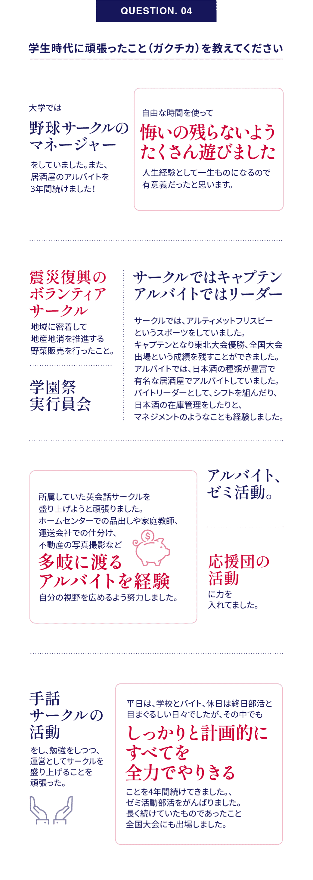 QUESTION. 04｜学生時代に頑張ったこと（ガクチカ）を教えてください アンケート結果